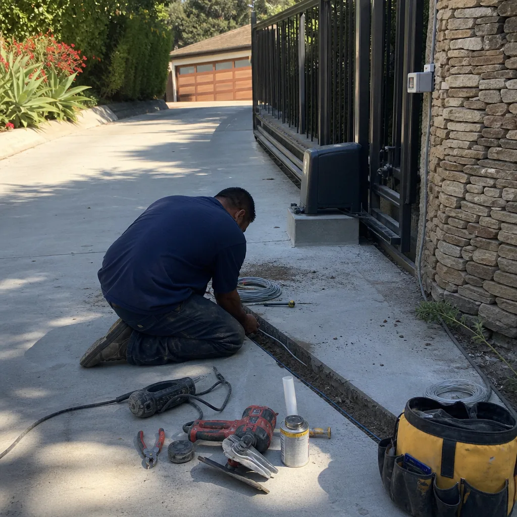 Technician performing automated gate access control installation and wiring nationwide