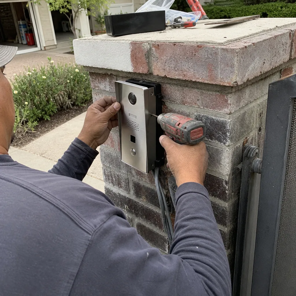 Technician installing a gate access control intercom system on a brick pillar nationwide