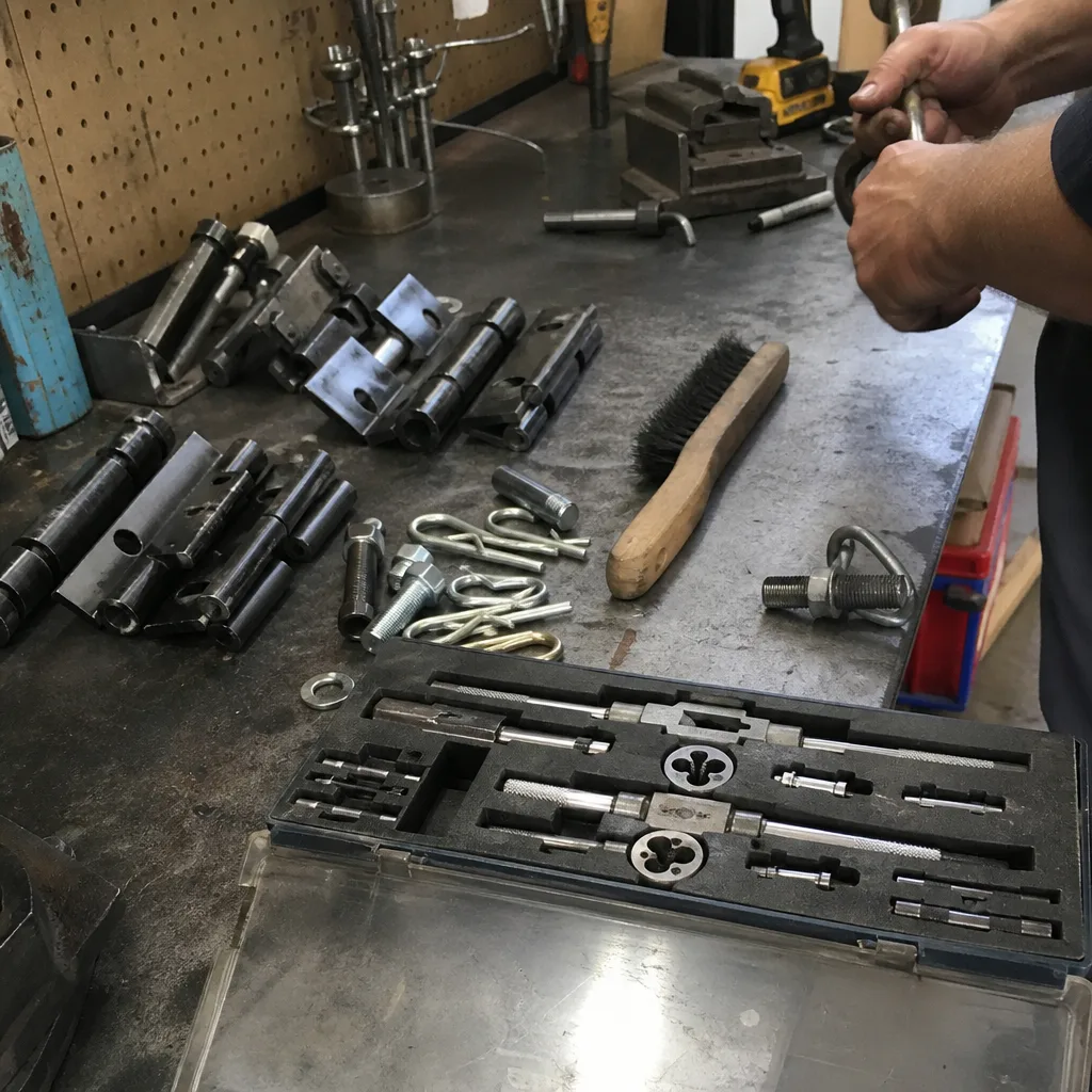 Metal gate hinges and hardware parts on a workshop repair bench nationwide