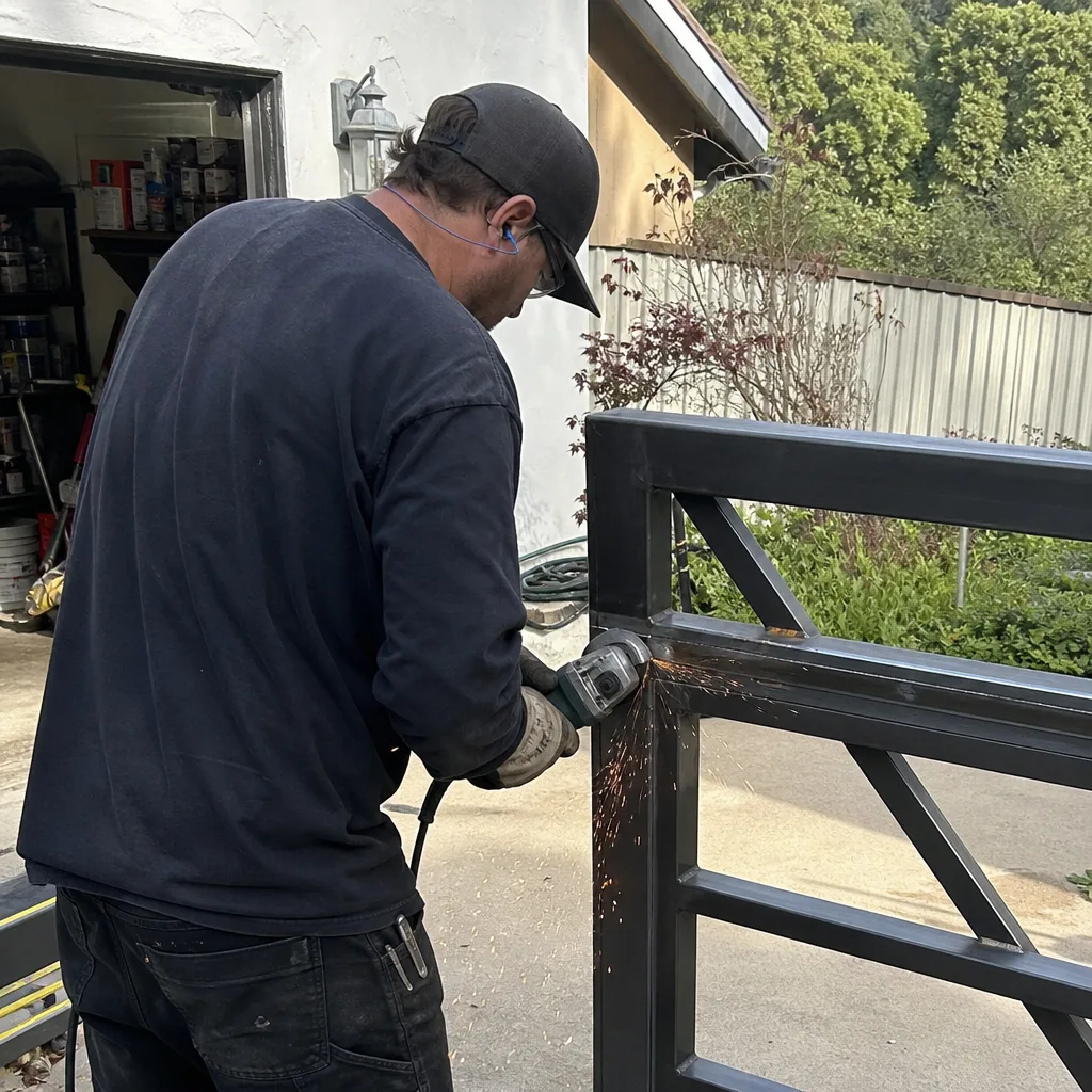 Professional welder using a grinder for custom metal gate repair services. nationwide