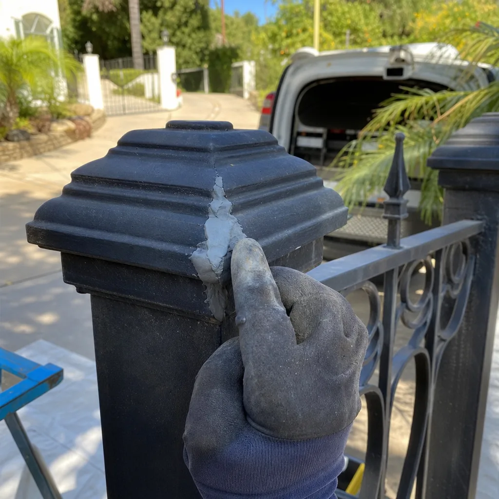 Professional gate repair technician applying epoxy to a damaged fence post